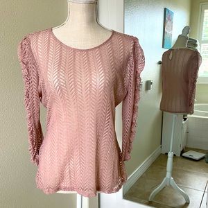 Sheer dusty rose pink top w/ ruched sleeves, size XLP (est. L see measurements)